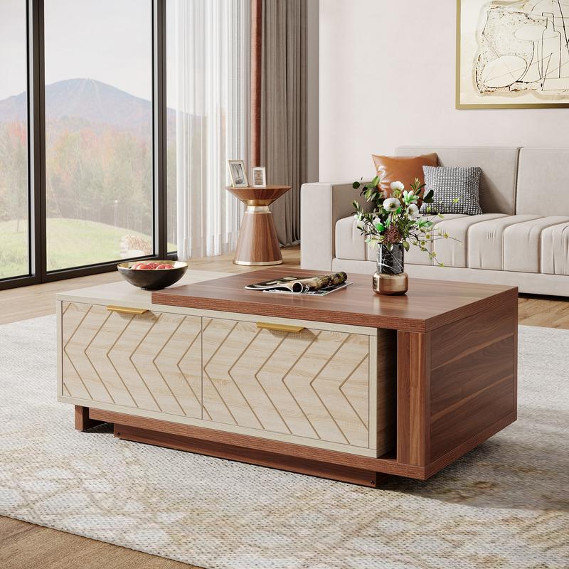 Tribesigns Extendable Coffee Table, 42"-65" Length Adjustable Reversible Wood Coffee Table with 2 Storage Drawers for Living Room, Large Long Rectangular Dual-Tone Center Table, Walnut & Oak