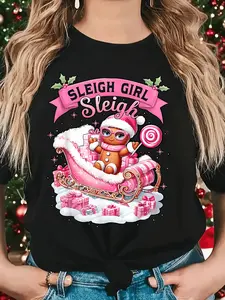 Festive Womens Black Christmas Gingerbread Cookie Sleigh Print Short Sleeve TShirt with Holiday Slogans and Icons for Winter Celebrations