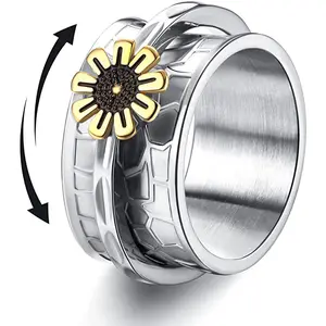 CanDing Vintage Floral Engraved Spinner Ring Wide Band Stainless Steel Rotating Anxiety Ring with CZ