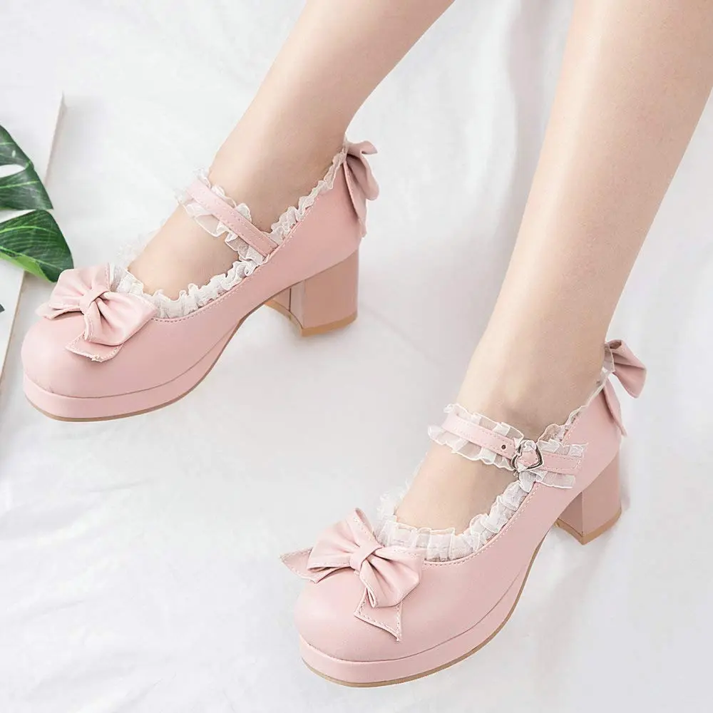 Women's Cute Mary Janes Buckle Shoes, 5cm Mid-Block Chunky Heels, Round Toe Bow Platform Pumps, Rubber Sole, Elegant Stylish Chic Party Wear All-Season Footwear