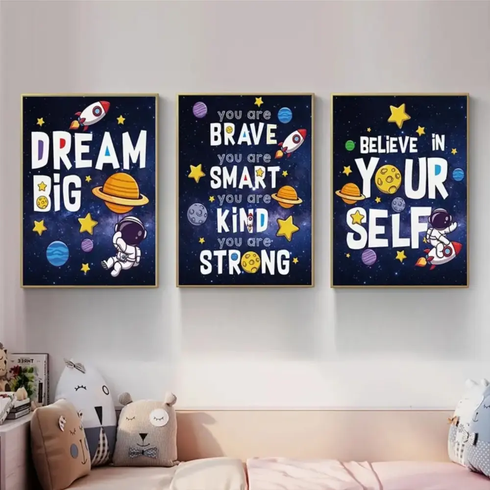 3 Pieces Space Theme Alphabet Astronaut Art Prints, Kids Wall Mural, Home Art, Gallery Decor, Wall Art Decoration, Wall Decor for Kids Room, Nursery and Playroom, Framed or Unframed Options Available