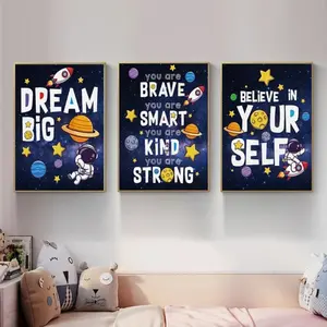 3 Pieces Space Theme Alphabet Astronaut Art Prints, Kids Enlightenment Wall Mural, Exploration Dream Home Art, Cute Gallery Decor, Soft Tone Painting, Wall Decor for Kids Room, Nursery and Playroom, Framed or Unframed Options Available.