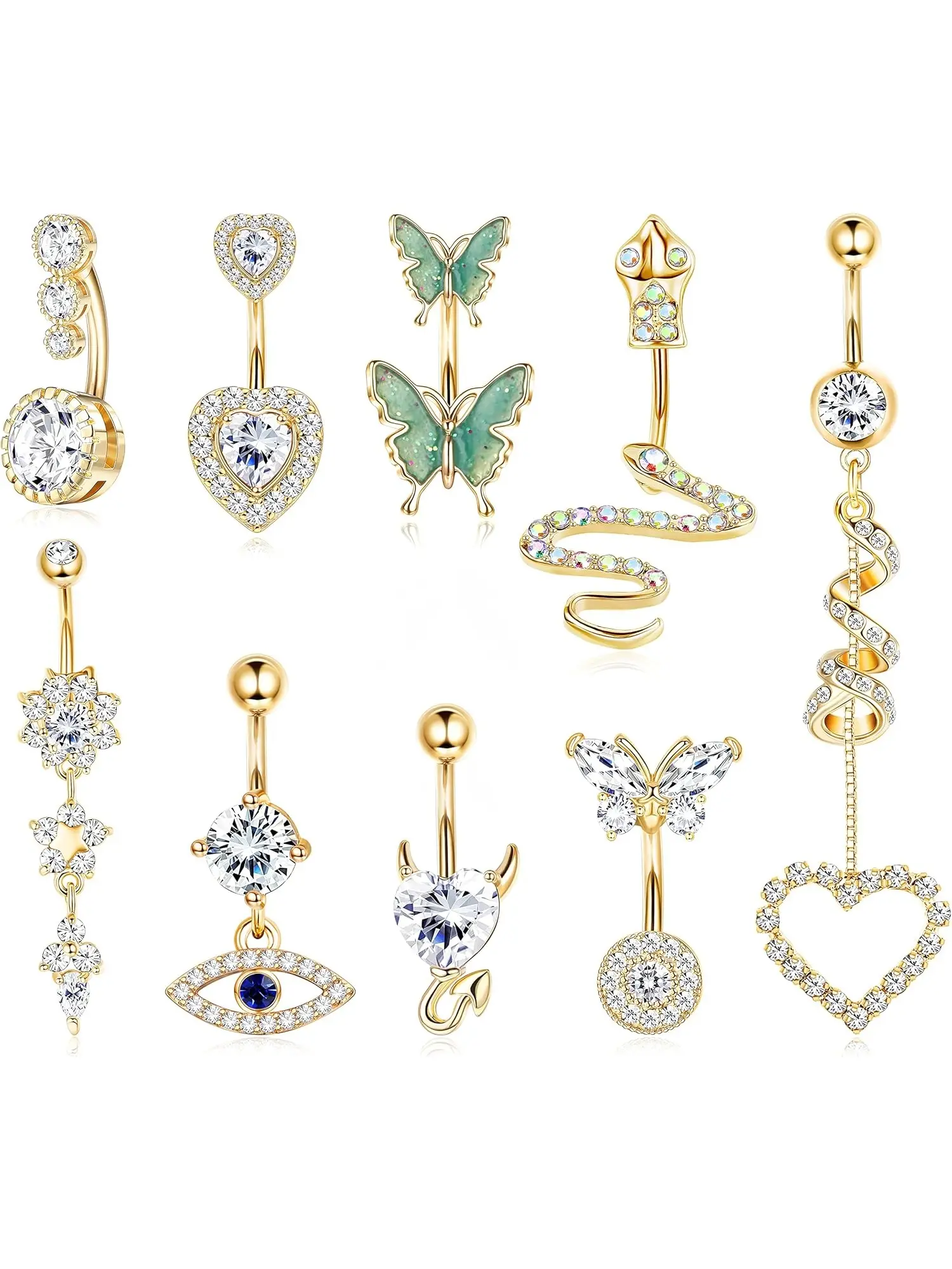 Brilliant 9 Pcs Golden Shining 14G Belly Button Rings Gorgeous Surgical Steel Navel Rings for Women Men Small Cute Butterfly Snake Evil Eye Heart CZ Belly Button Ring Body Piercing Jewelry Pack
