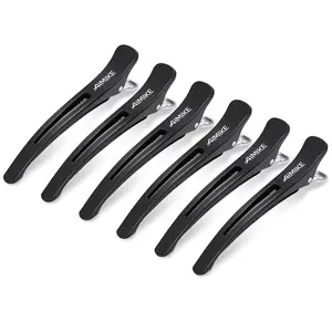 AIMIKE 6Pcs Professional Hair Clips for Styling Sectioning, Non Slip No-Trace Duck Billed Hair Clips with Silicone Band, Salon and Home Hair Cutting Clips for Hairdresser, Women, Men - Black 4.3” Long
