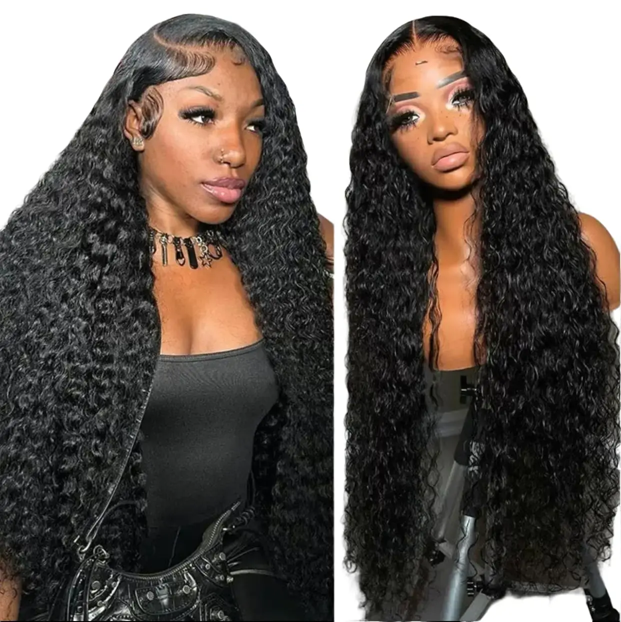 Female Black 13x6 HD Transparent Glueless Lace Frontal Wig, 180 Density Curly Brazilian Human Hair, Pre-Plucked Deep Wave, Breathable, Adjustable Headband, Clip, Natural Full Voluminous Appearance