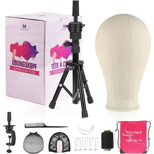 Height Adjustable Tripod Wig Stand with Canvas Mannequin Head for Heavy Wigs Making Display Styling, Wig not included