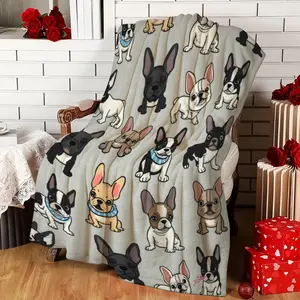1pc French Bulldog Print Flannel Throw Blanket - Ultra-Soft 280GSM All-Season Cozy Frenchie Design in Beige/Brown/Black - Pet Lover Gift, Christmas Decor, Couch Sofa Bedroom Warm Blanket for Dog Owners