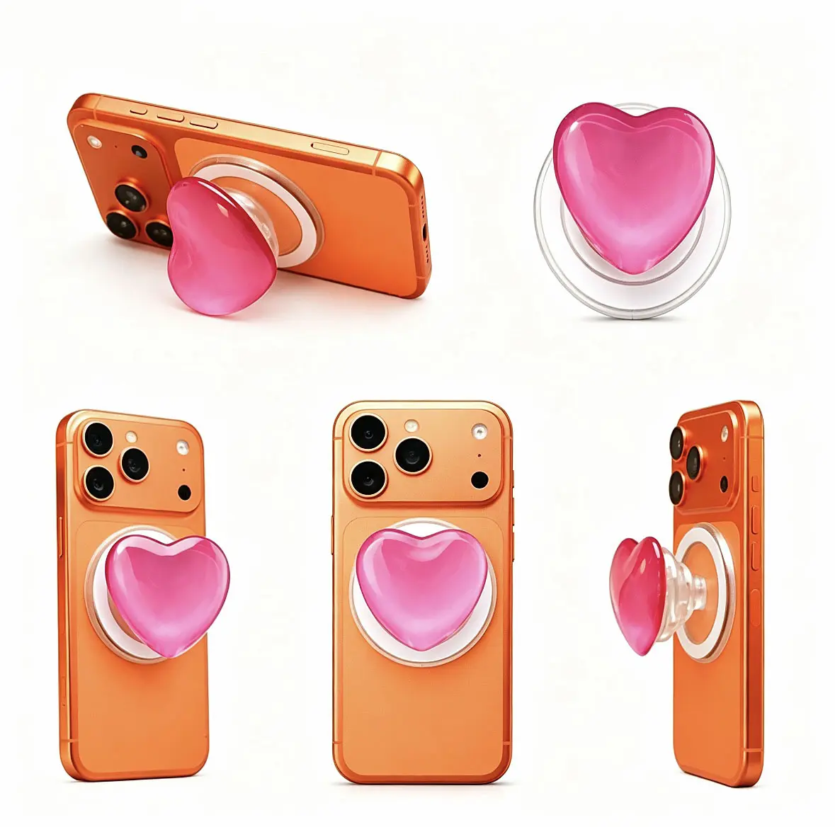 Cute Pink Heart Shaped Airbag Magnetic Finger Phone Holder,Stable & Portable Phone Stand, Phone Accessories for Women&Girls, Magnetic Phone Grip and Phone Stand for most phones