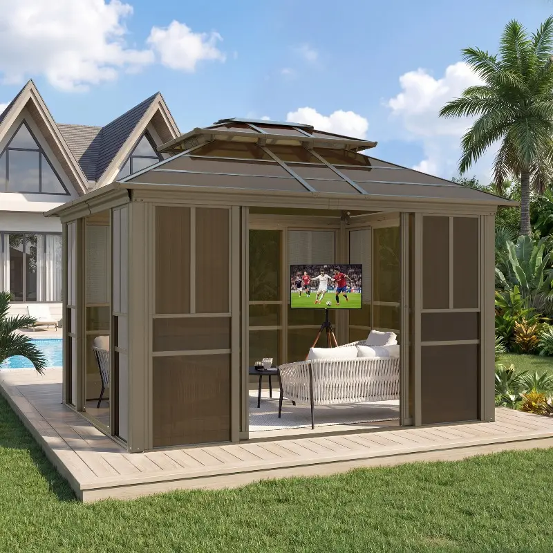 10x12FT Sunroom Gazebo, Sunroom with Double Top Ventilated Roof, All-Weather Solarium Sunroom Kit for Patio Deck Backyard, Adjustable Windows & Screen, Lockable Sliding Doors, UV-Protected PC Panel, Backyard Gazebo for Garden, Brown