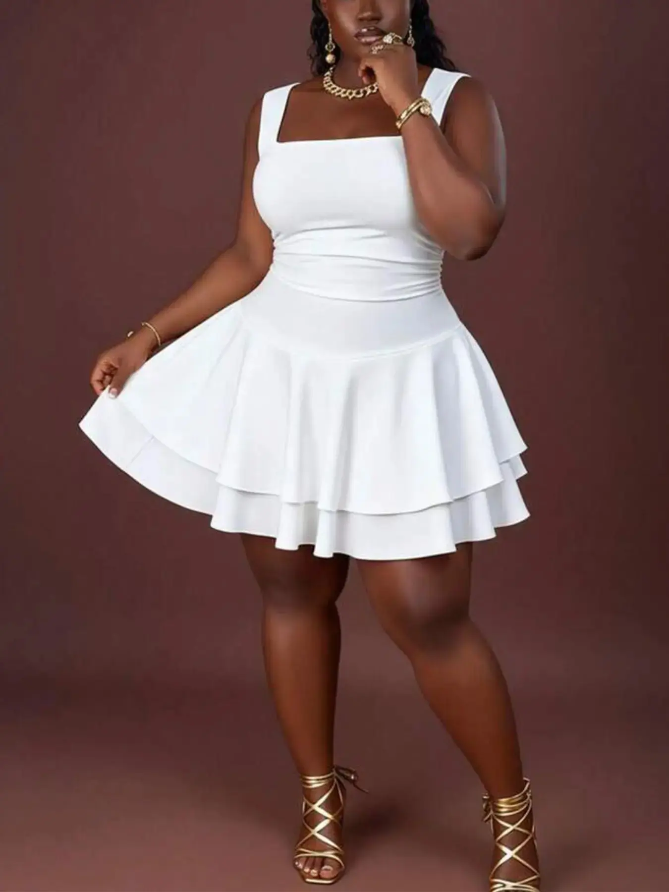 Plus-Size Square Neck Sleeveless Tiered Ruffle Skater Mini Dress, Y2K Sweetheart Style, Stretchy Cinched Waist, Feminine, for Date Night, Brunch & Party