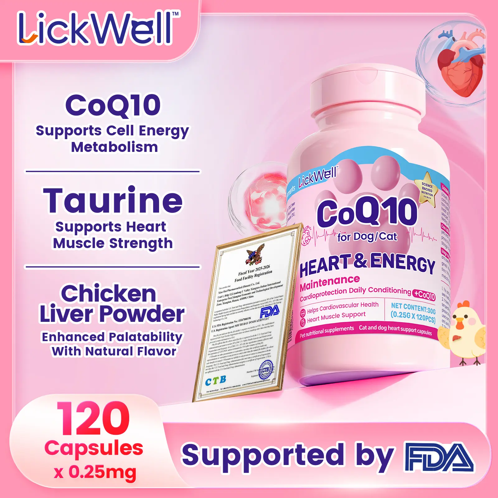 LickWell CoQ10 + Taurine Supplement for Cats & Dogs | Heart & Energy Support | Antioxidant Formula for Daily Care | 120 Capsules