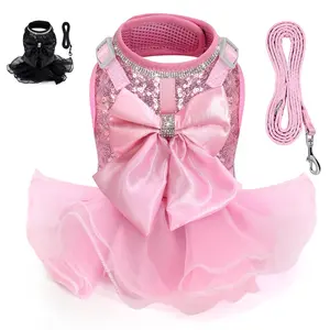 Cute Dog Cat Chest Harness Belt Set Bow Tie Puppy Kitten Vest Nylon Strap No Tangle Leash Suitable for Small Medium Dogs, Pet Supplies Material