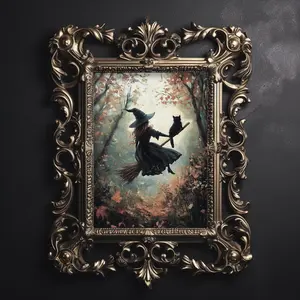 Witch and Black Cat Flying In Autumn Forest Poster Unframed, Halloween Dark Academia Witchy Decor, Halloween or Gothic Wall Art Decor Art Rustic Decor, Dark Cottagecore, Wall Art, Wall decor, Home Decor, Birthday Gift