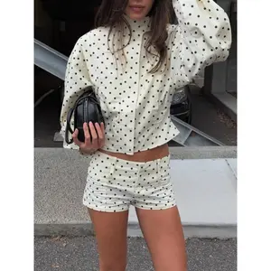 Women's French Polka Dot Shirt, Milk High Neck Long Sleeve Top, Dots Bubble Sleeves Loose Fit Vintage Style Spring Autumn Casual Wear