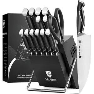 BRODARK Eclipse Series Kitchen Knife Sets with Block and Built-in Sharpener, 15 Pcs Full Tang Professional Chef Knife Set, NSF Certified Food Grade Stainless Steel Cutlery Set, Outdoorfun