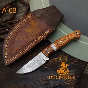 5.75" Mini Damascus Steel Fixed-Blade Knife - Non-Slip Wood Handle, Durable Leather Sheath, Camping Survival Skinning Gear, Anniversary/Birthday Gift for Husband, Christmas Present, Father’s Day Gift, Birthday Gift,
