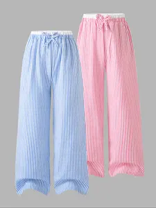 2-piece Autumn Girls Fashion Simple Loose Straight Pants with Striped Elastic Waist Casual Versatile 9-inch Pants - Blue   Pink