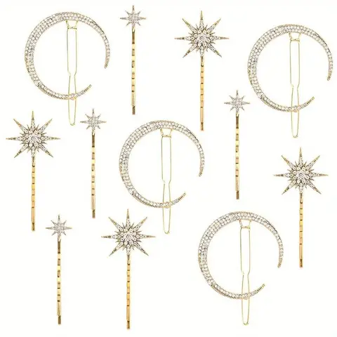 12 Pack Stars and Moon Hair Clips Vintage Rhinestone Hair Pin Metal Alloy Diamond-studded Hair Accessories for Women Girls Updo