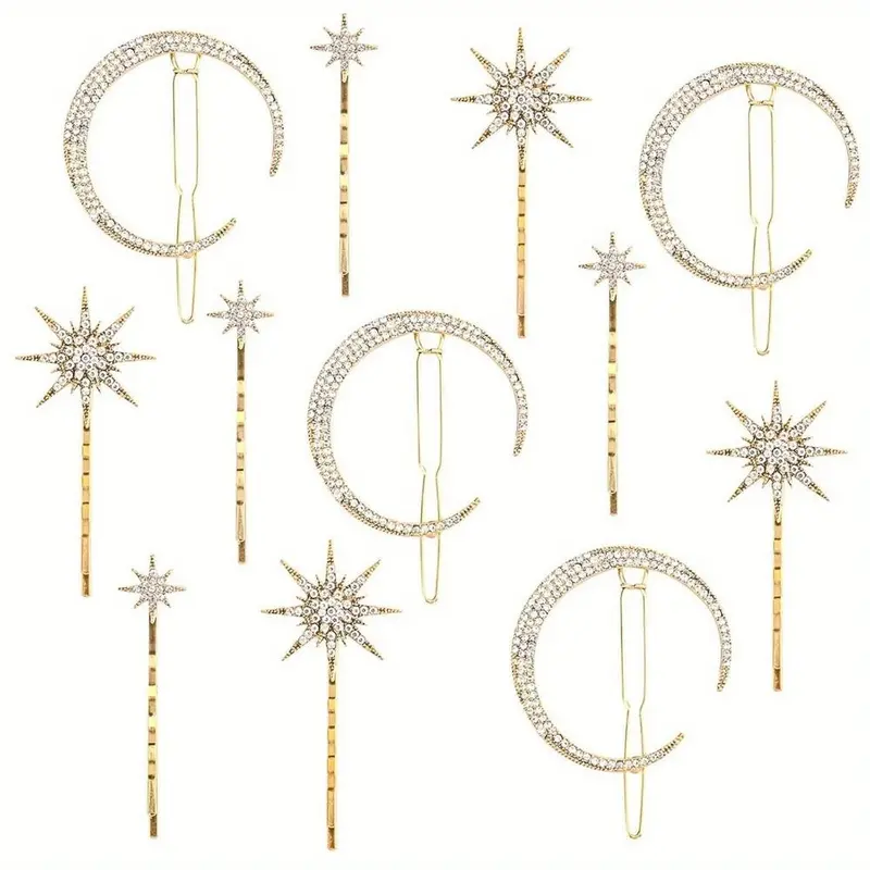 12 Pack Stars and Moon Hair Clips Vintage Rhinestone Hair Pin Metal Alloy Diamond-studded Hair Accessories for Women Girls Updo