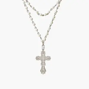 en route Everette Cross Necklace in Silver, Minimalist Pearl Cross Celestial Design, Chic Everyday Jewelry for Layered Styling & Effortless Modern Looks
