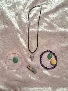 Calm & Uplifting 8-Pc Energy Set - Amethyst Rose Quartz Lepidolite Green Aventurine Orange Calcite Tumbles Chakra Double Terminated Crystal Gemstones Necklace Bracelet