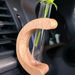 Wooden Vent Clip Mini Car Flower Vase with Tiny Glass Tube for Fresh or Dried Flowers Aesthetic Car Decor