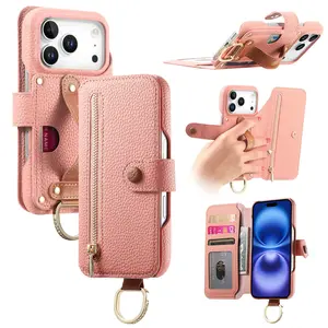 Leather Wallet Phone Case with Ring Strap Holder Stand, Multi Card Slots, Zipper Phone Pouch and Magnetic Closure, Fits iPhone 17/16/15 Series
