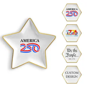 America 250 Star Trinket Tray Dish – Officially Licensed Commemorative 250th Anniversary – Ceramic with Gold Rim, Jewelry & Keepsake Holder