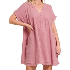 Gauze Short Sleeve V-Neck Dress