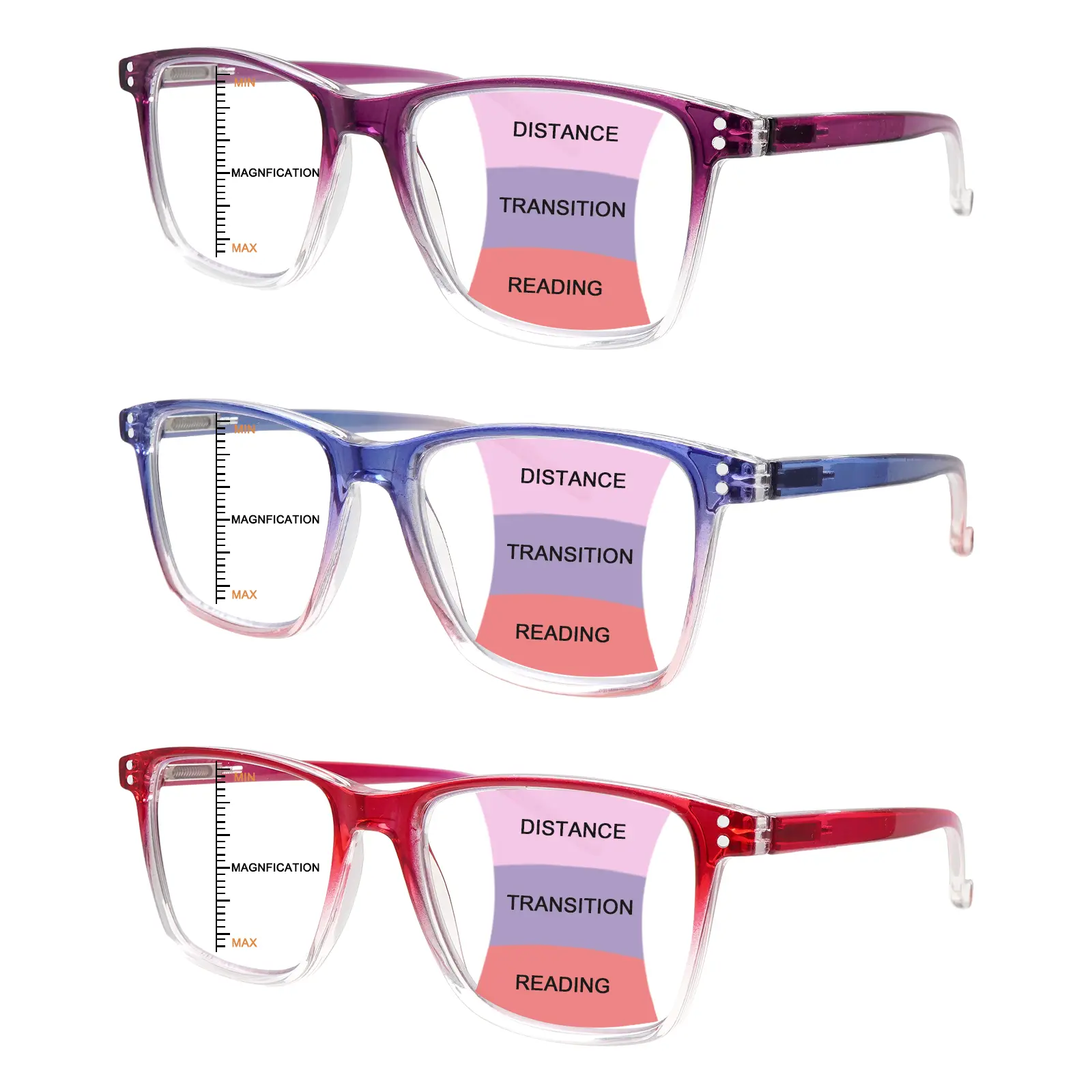 3 Pairs Women Gradient Frame Multifocal Reading Glasses Anti Blue Light Spring Hinge Fashion Eyeglasses for Daily Wear