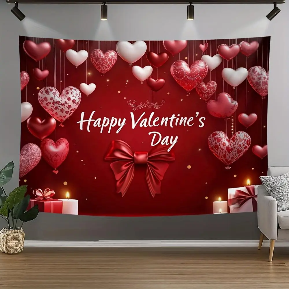 1PC Polyester Reusable 2D Flat Valentine's Day Heart Balloon Bowknot Tapestry Banner - Home & Wedding Event Backdrop, Romantic Proposal Photography Prop, Banners