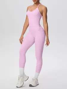 Women's Fitness 2-Piece Set, Halter Backless Tight Vest + High Waist Abdominal Pocket Yoga Pants, High Elasticity Slim Fit Breathable Sports Workout Outfits