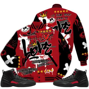Retro Bloodline 12s Outfit Varsity Jacket, Happy Love Beats Graffiti Sneaker Matching Shirt