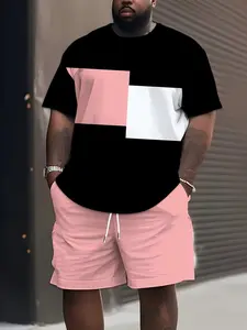 Men's 2-Piece Plus Size 3D Digital Print Sport Set, Round Neck Short Sleeve Tee with Drawstring Shorts, Casual Loose-Fit
