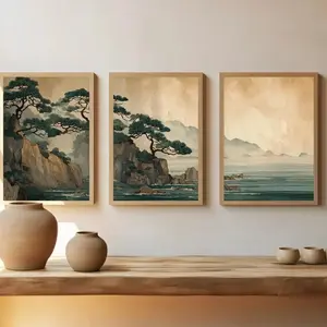 3pcs Japanese Zen Pine Sunset Landscape Canvas Wall Art, Wooden Wall Art, Wood Frame, Living Room Decoration, Mdf Material, Home Decor