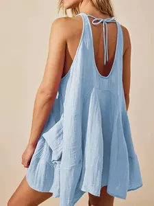 Women's Flowy Sleeveless Tank Dress, Casual Halter Tie Back Open Back Loose Mini Dress with Pockets, Summer Beach Vacation Outfit