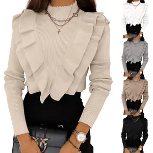 PASLTER Women's Ruffle Sweaters Mock Neck Cute Cozy Fitted Pullover Sweater Tops