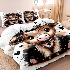 3-Piece Down Comforter Set, Highland Cow Cartoon Style, 3D Digital Print Bedding, Bedroom & Guest Room Decor, Zipper Closure