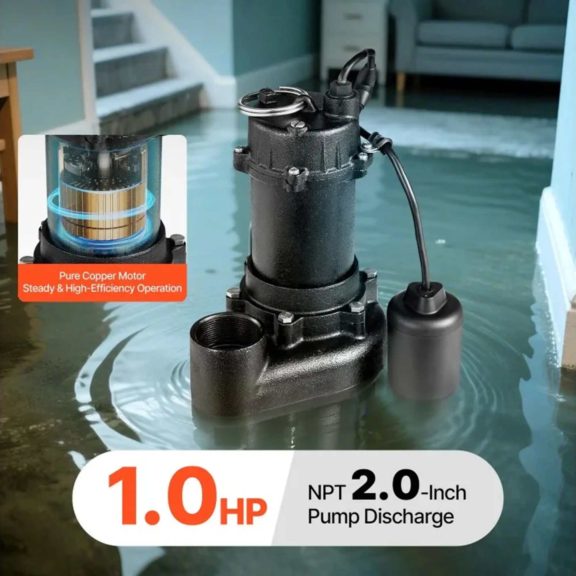VEVOR Submersible Cast Iron Sewage/Effluent Pump, 1/3-1 HP, 3000-5200 GPH Cast Iron Sewage/Effluent Pump with Automatic Tethered Float Switch, 2-Inch NPT Discharge, 120V, 25 ft Max Lift, for Basement, Septic Tank, Residential