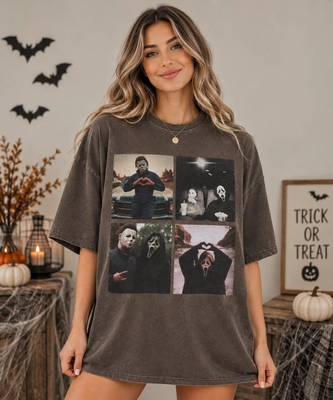 Funny Horror Besties T-Shirt, Vintage Slasher Movie Collage Graphic Tee, Spooky Halloween Friends Shirt, Unisex Horror Fan Top Michael Myers & Ghostface