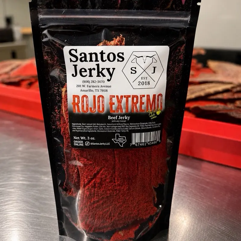 Santos Jerky ROJO EXTREMO Spicy Beef Jerky, Carne Seca, Mexican Style Beef Jerky, High Protein Snack, Premium Dried Beef, Tender & Flavorful, Ready to Eat, Available in 3 oz, 1/2 lb & 1 lb Bags (Small, Medium & Large), Low Carb