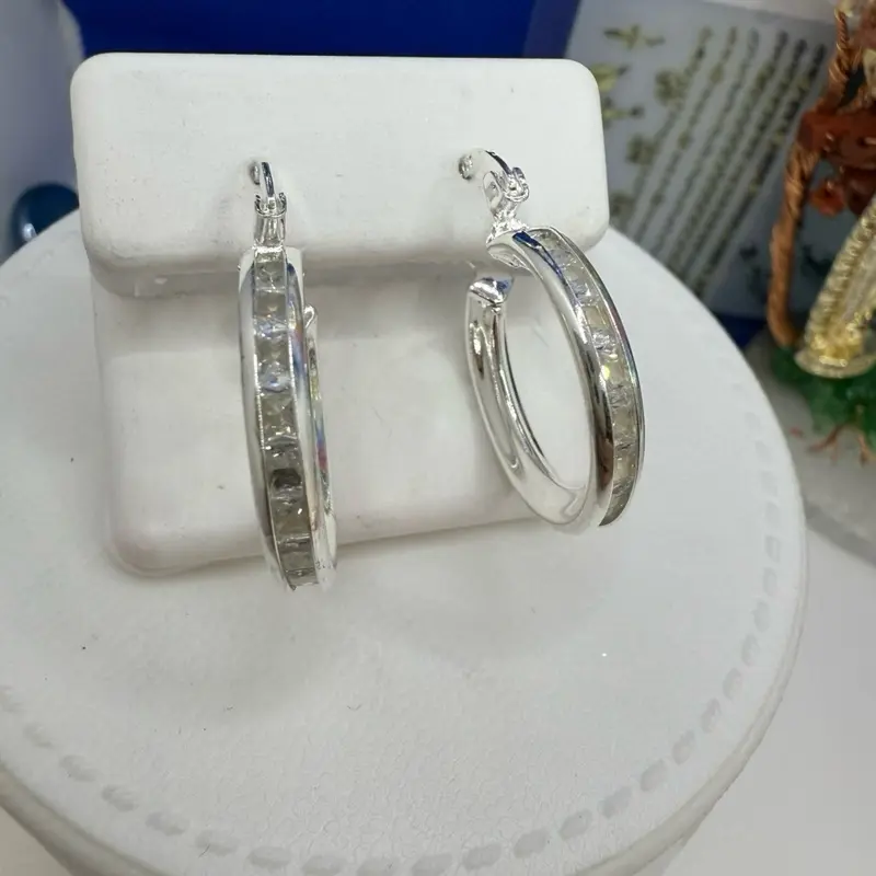 925 sterling silver hoops high quality solid silver earrings mexican   cubic zirconia stones )( Arracadas de plata es solido muy bonitos plata Mexicana