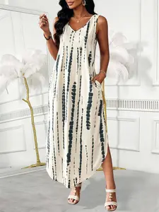 Summer Gradient Abstract Print Sleeveless Dress, Womenswear Boho Chic Style Midi Dress with V Neck and Pockets, Loose Fit for Plus Size, Casual Flowy Beach Vacation Wear