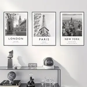 3pcs Wooden Frame City Posters New York London Paris Wall Art Canvas Painting Home Modern Fashion Style Bedroom Study Background Decor, Decoration