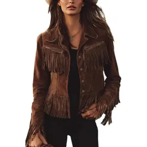 2026 Women's Faux Suede Fringe Jacket Vintage Cowgirl Western Style Tassel Button Up Long Sleeve Lapel Outerwear