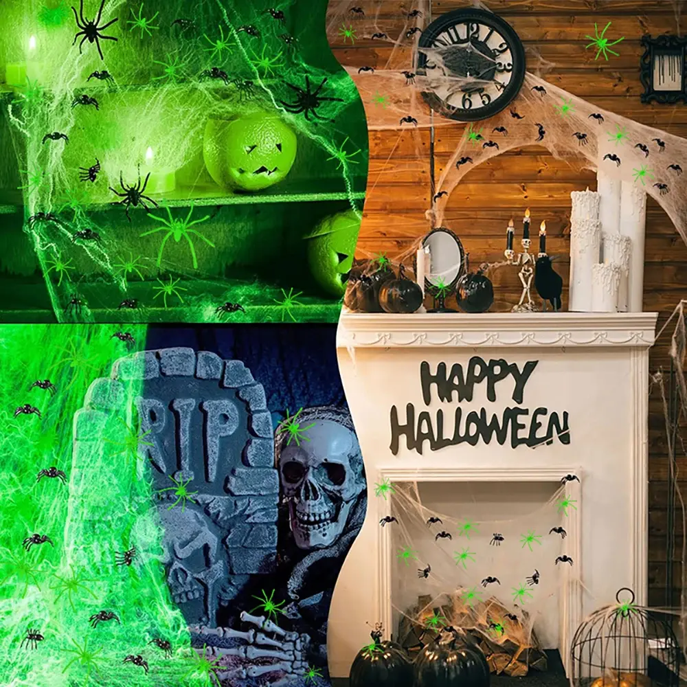 Halloween Fluorescent Spider Webs| Glow in the Dark Cobweb, Outdoor Horror Decorations NONE