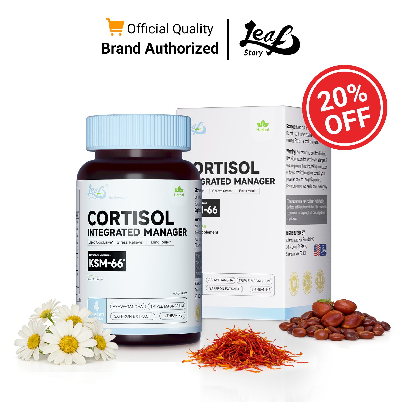 LeafStory Cortisol Supplement, 4 In 1 Cortisol Manager 60 Ct, Ksm-66 Ashwagandha Extract, Magnesium, L-Theanine & Blende