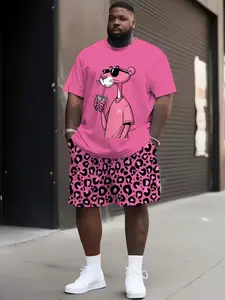 Men's Fashion Casual Sports Wear Set, Athletic Fashion Activewear, Cartoon Design, Loose-Fitting Short Sleeve, Sporty Round Neck, All Seasons, Large and X-Large Sizes Available