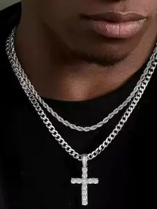 Unique Heavy-Duty Full Rhinestone Cross Cuban Chain Set, High-End Dual Strand Layering Detail, American Streetwear Fashion Item