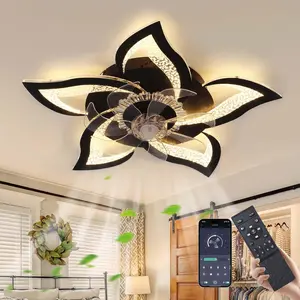 Garwarm Modern Low Profile Ceiling Fan with LightsDimmable LED Ceiling Fans with Remote Control Flower Shape Flush Mount Ceiling Lamp with Dimming for Kitchen Bedroom Living Room Dining Room, 6 Speeds - Black Home Lighting